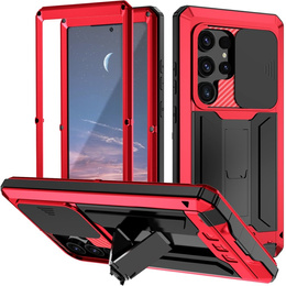 Etui pancerne do Samsung Galaxy S25 Ultra, R-JUST, z przesłoną aparatu i podstawką, czerwone