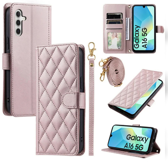 Etui z klapką do Samsung Galaxy A16 / A16 5G, Rhombus Crossbody Leather, różowe rose gold