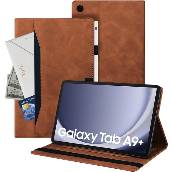 Etui do Samsung Galaxy Tab A9+, Classic, z miejscem na rysik, brązowe