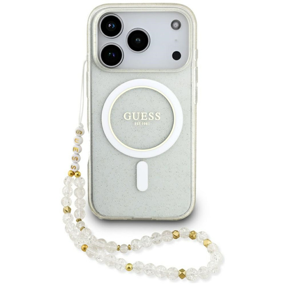 Etui GUESS do iPhone 17 Pro Max, IML Glitter Pearl Strap, do MagSafe, z paskiem, przezroczyste