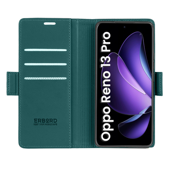 Etui do Oppo Reno 13 Pro, ERBORD Glossy Litchi, portfel z klapką, zielone