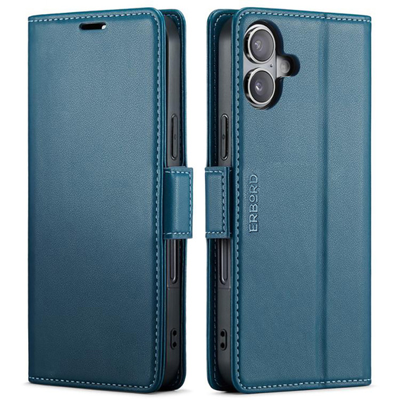 Etui do iPhone 17, ERBORD Glossy Litchi, portfel z klapką, niebieskie