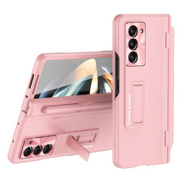 Etui skórzane do Samsung Galaxy Z Fold5 5G, Kickstand case, z podstawką i szkłem, różowy