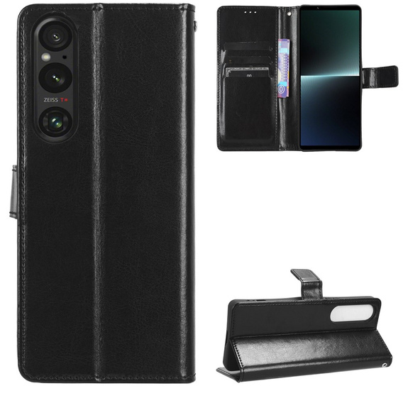 Etui z klapką do Sony Xperia 1 V, Crazy Horse Wallet, czarne