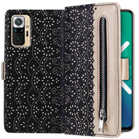 Etui z klapką do Xiaomi Redmi Note 10 Pro / Pro Max, Wallet Pocket Zipper Lace, czarne