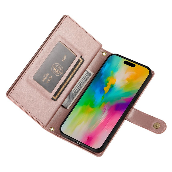 Etui z klapką do iPhone 16 Pro, Wallet Zipper Pocket, różowe