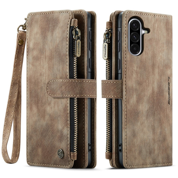 Etui CASEME do Samsung Galaxy A56 5G, Leather Wallet Cash and Card Slots, z paskiem, brązowe