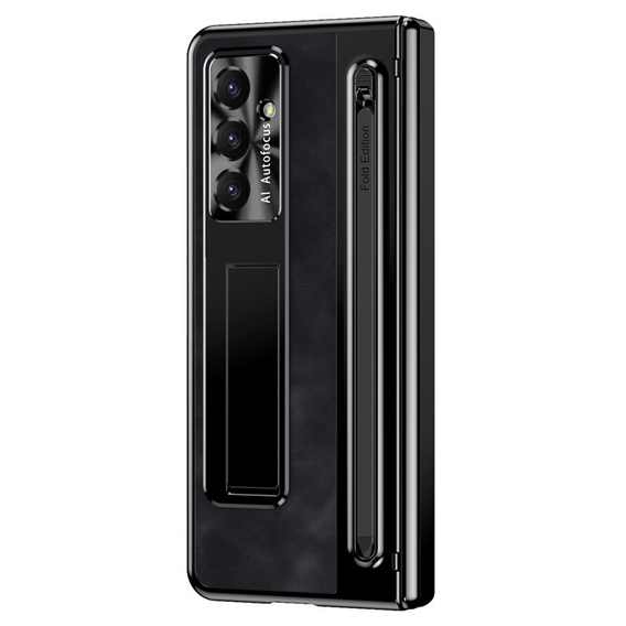 Etui skórzane do Samsung Galaxy Z Fold7 5G, z podstawką, szkłem i rysikiem, czarne