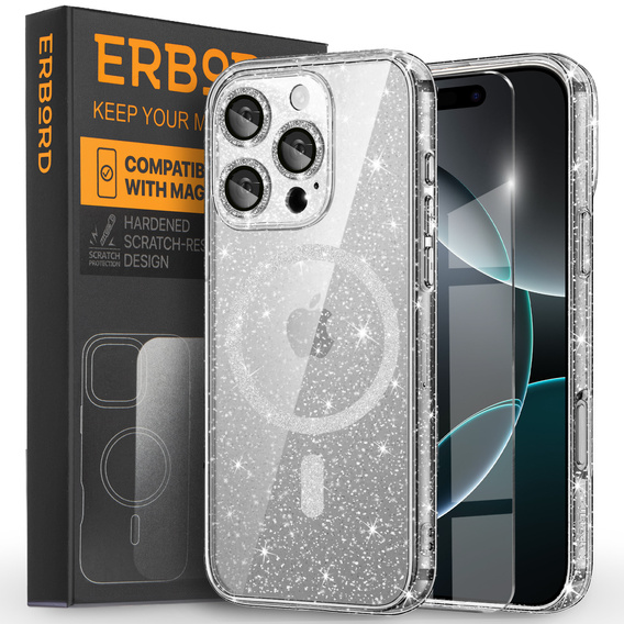 Etui do iPhone 16 Pro Max, ERBORD Glitter MagSafe, przezroczyste + Szkło na ekran