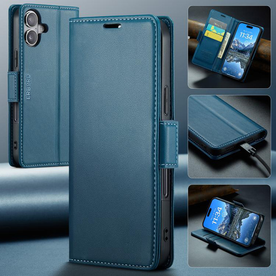 Etui do iPhone 17, ERBORD Glossy Litchi, portfel z klapką, niebieskie