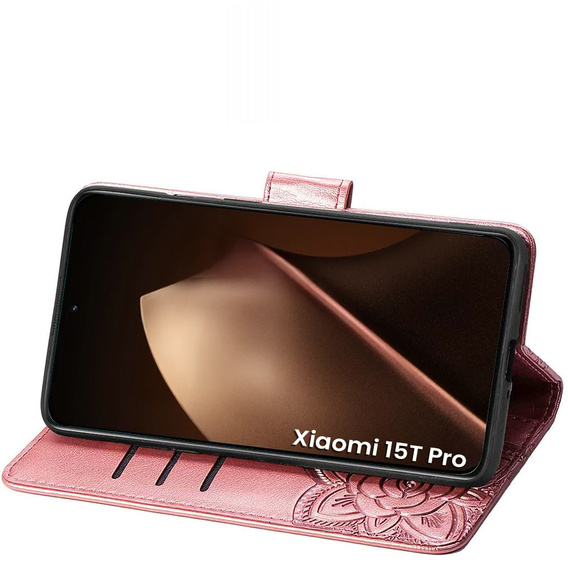 Etui z klapką do Xiaomi 15T Pro, Butterfly, różowe rose gold