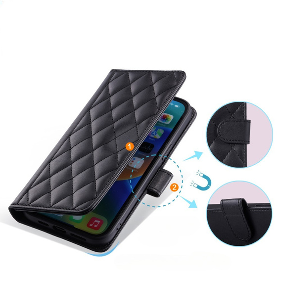 Etui z klapką do iPhone 16 Plus, Rhombus Crossbody Leather, czarne