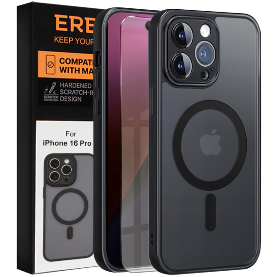 Zestaw Etui do iPhone 16 Pro, do MagSafe, ERBORD Matt Case, czarny + 3x Szkło na ekran
