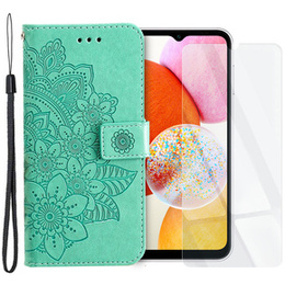 Zestaw Etui z klapką do Samsung Galaxy A14 4G/5G, portfel Mandala i kwiaty, zielone + szkło