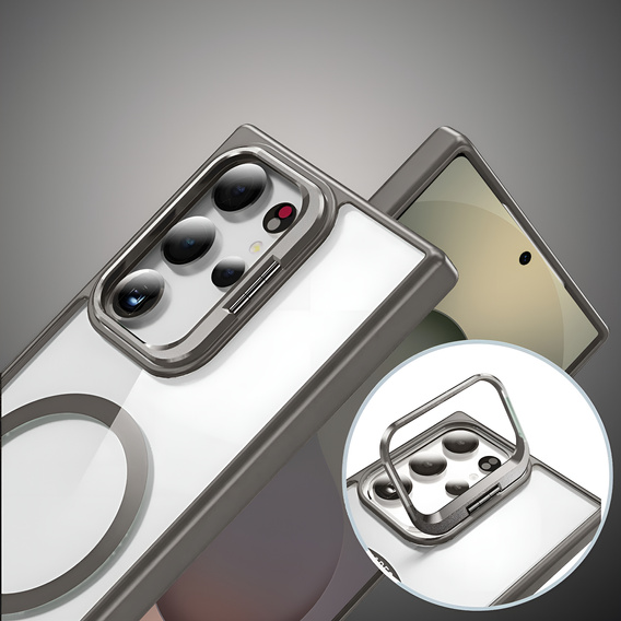 Etui do Samsung Galaxy S25 Ultra, Kickstand Frame, do MagSafe, przezroczyste / szare + Szkło na ekran