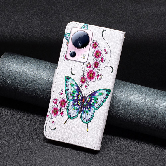 Etui z klapką do Xiaomi 13 Lite, Wallet, Butterflies & Flowers białe