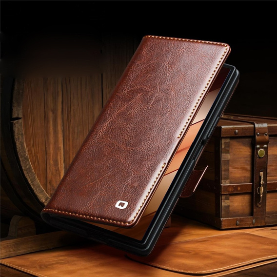 Skórzane etui portfelowe Qialino z podstawką do Samsung Galaxy Z Fold7 - brązowe