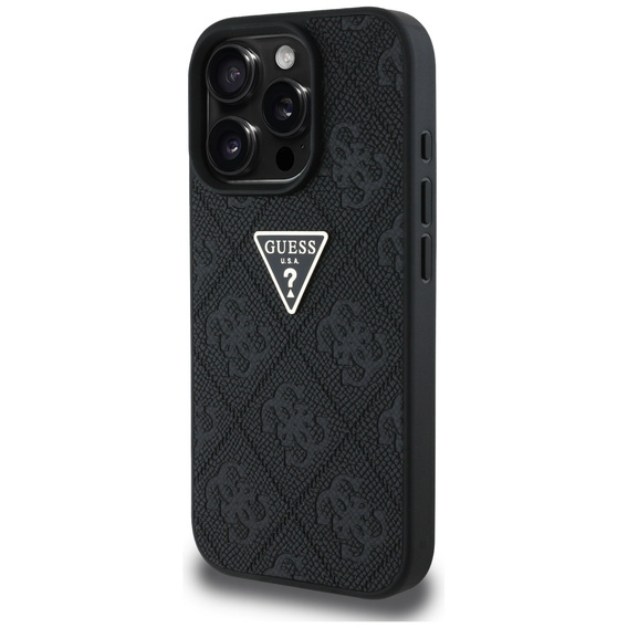 Etui GUESS do iPhone 16 Pro Max, Grained Hot Stamp 4G Triangle Metal, czarne