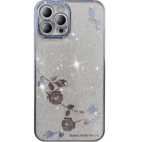 Etui do iPhone 13 Pro, Glitter Flower, niebieskie