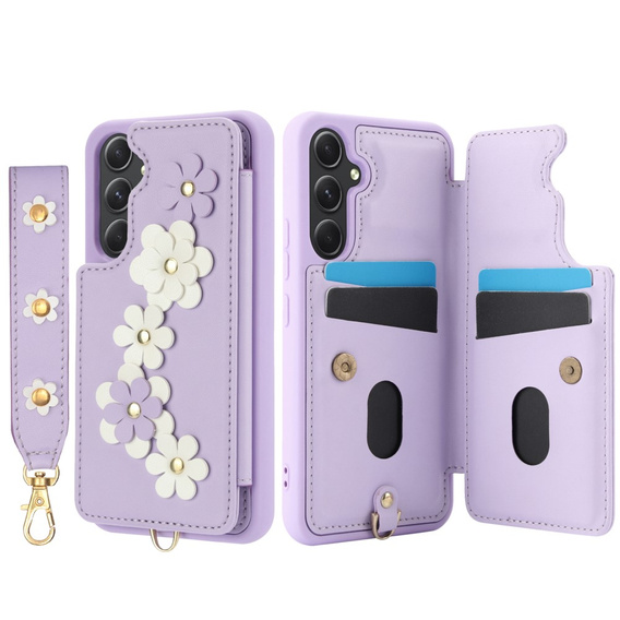 Etui do Samsung Galaxy S23 FE, Leather Flower Card Slot, fioletowe