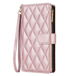 Etui z klapką do Samsung Galaxy A56 5G, Rhombus Crossbody Leather, różowe rose gold