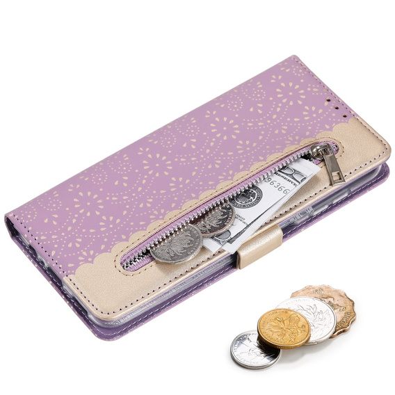 Etui z klapką do Samsung Galaxy A55 5G, Wallet Pocket Zipper Lace, fioletowe