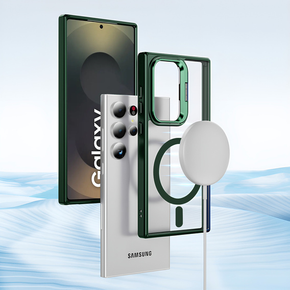 Etui do Samsung Galaxy S25 Ultra, Kickstand Frame, do MagSafe, przezroczyste / zielone + Szkło na ekran