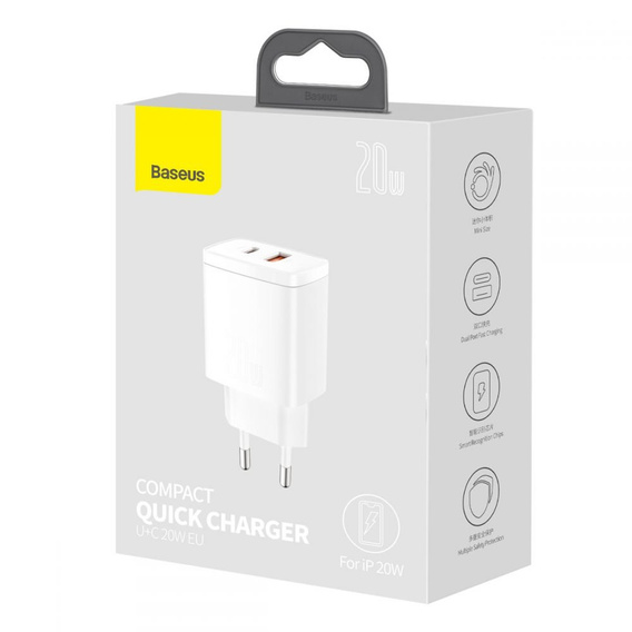 Baseus Compact PD 20W – ładowarka sieciowa z portami USB-C i USB-A, biała