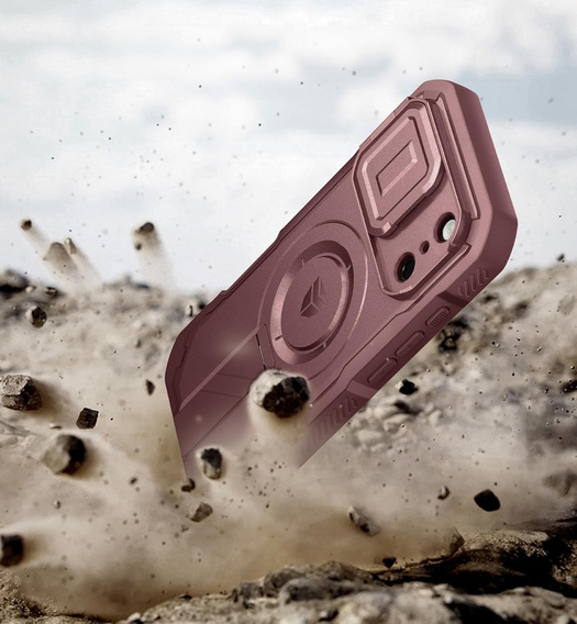 Etui Dexnor do iPhone 17 Pro Max z osłoną kamery i podstawką, do MagSafe - czerwone (Dwie ramki)