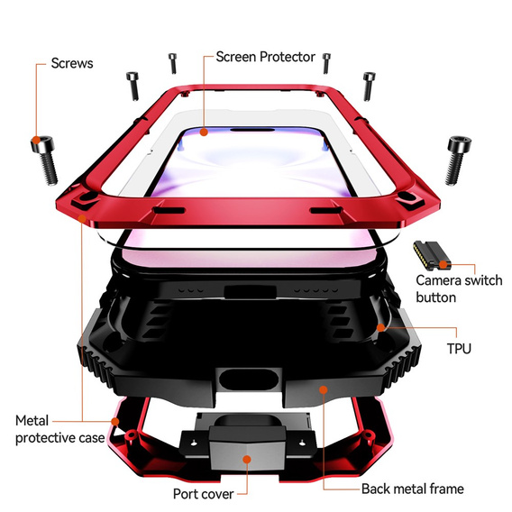 Etui R-JUST do iPhone 17 z wbudowaną ochroną ekranu - czerwone