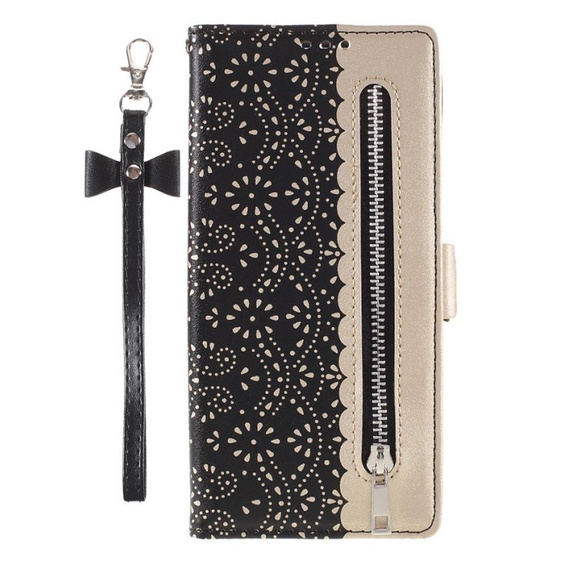 Etui z klapką do Xiaomi Redmi Note 9, Wallet Pocket Zipper Lace, czarne