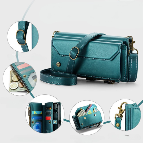 Etui CASEME do iPhone 16e RFID Leather Wallet, RFID Leather Wallet, z paskiem na ramię, zielone