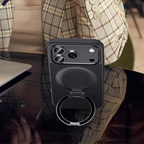 Etui Skórzane do iPhone 17 Pro Max, MagSafe, z podstawką - czarne