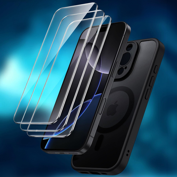 Zestaw Etui do iPhone 16 Pro Max, do MagSafe, ERBORD Matt Case, czarny + 3x Szkło na ekran