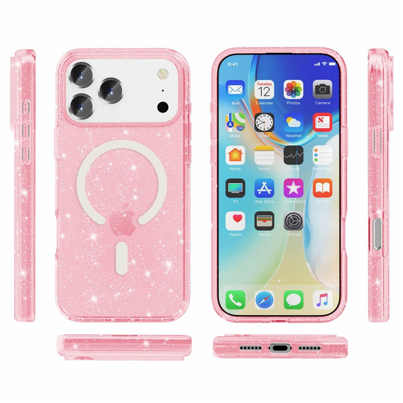 Etui do iPhone 17 Pro, do MagSafe, brokatowe, półprzezroczyste różowe