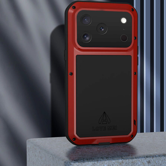 Etui Love Mei do iPhone 17 Pro, pancerne ze szkłem, czerwone
