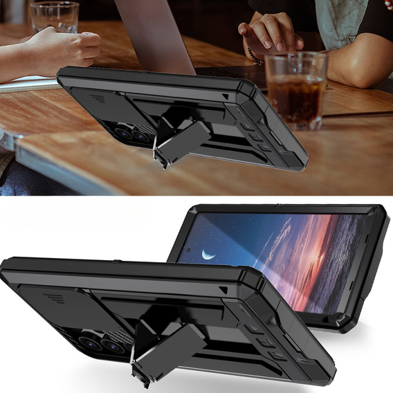 Etui pancerne do Samsung Galaxy S25 Ultra, R-JUST z przesuwną osłoną na aparat, czarne