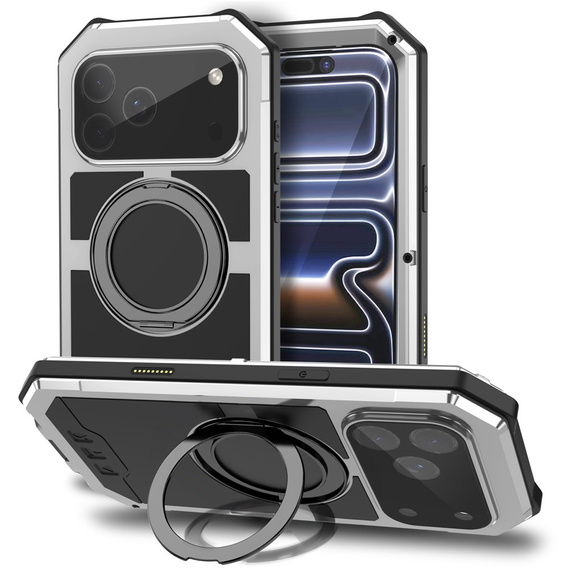 Etui pancerne do iPhone 17 Pro Max, R-JUST, do MagSafe, z podstawką, srebrne