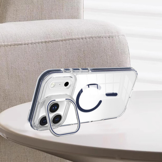 Etui do iPhone 17 Pro, do MagSafe, z podstawką, przezroczyste z granatowymi akcentami