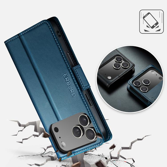 Etui do iPhone 17 Pro Max, ERBORD Glossy Litchi, portfel z klapką, niebieskie