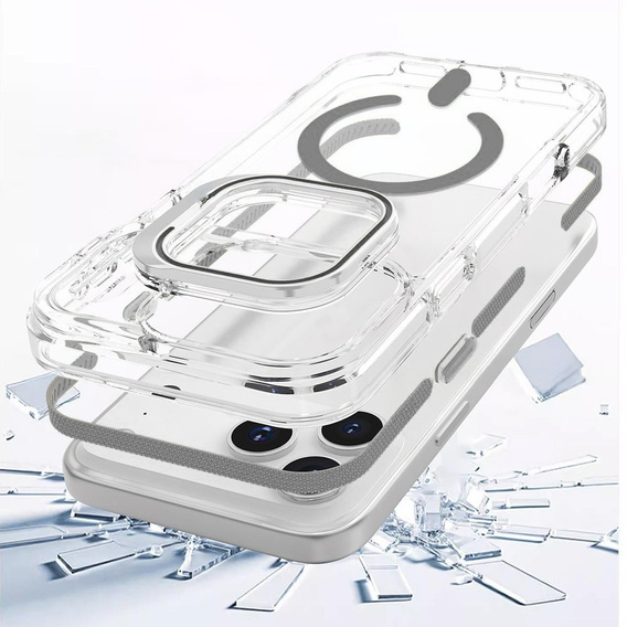 Etui do iPhone 17 Pro, do MagSafe, z podstawką, przezroczyste z szarymi akcentami