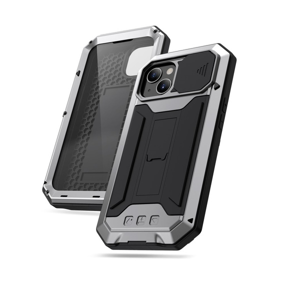 Etui do iPhone 13 Mini, R-JUST CamShield Slide, pancerne, srebrne / czarne