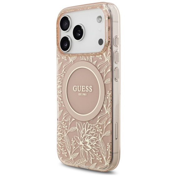 Etui GUESS do iPhone 17 Pro, IML Flowers Electroplated Allover With Beads Strap, do MagSafe, z paskiem, różowe