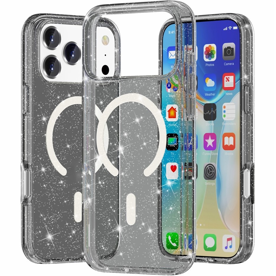 Etui do iPhone 17 Pro Max, do MagSafe, brokatowe, półprzezroczyste czarne