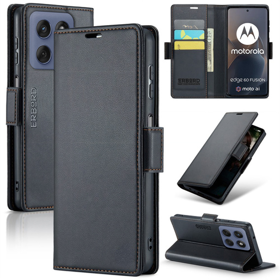 Etui do Motorola Edge 60 / 60 Fusion, ERBORD Glossy Litchi, portfel z klapką, czarne