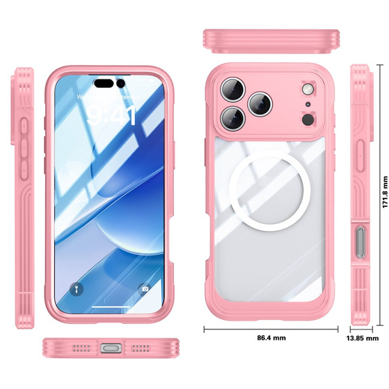 Etui do iPhone 17 Pro Max, Shockproof, ze szkłem, do MagSafe, różowe