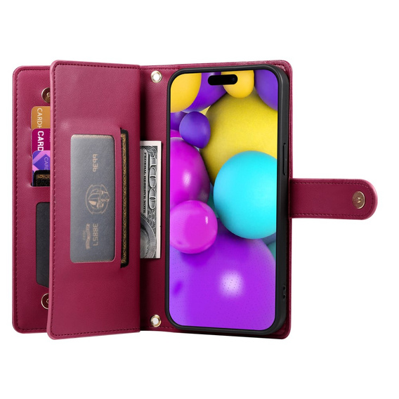 Etui z klapką do iPhone 16 Plus, Wallet Zipper Pocket, czerwone