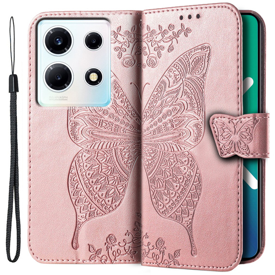 Zestaw Etui z klapką do Infinix Note 30 VIP, Butterfly, różowe rose gold + Szkło