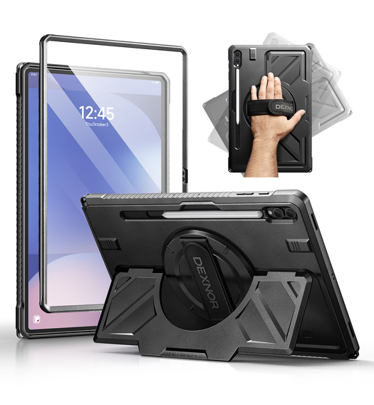 Etui Dexnor 360° do Samsung Galaxy Tab S10 Ultra / S9 Ultra / S8 Ultra, z paskiem i miejscem na rysik - czarne
