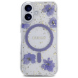 Etui GUESS do iPhone 16, Resin Flowers and Glitter, do MagSafe, fioletowe